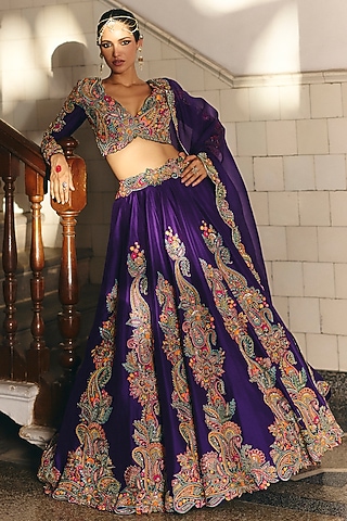 Purple Pure Silk Resham & Zardosi Hand Embroidered Lehenga Set by Mrunalini Rao
