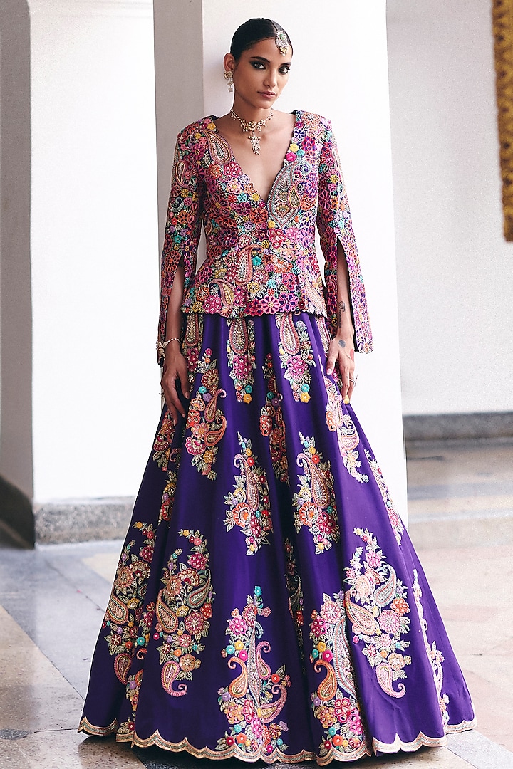 Purple Pure Silk Resham & Zardosi Hand Embroidered Jacket Bridal Lehenga Set by Mrunalini Rao at Pernia's Pop Up Shop