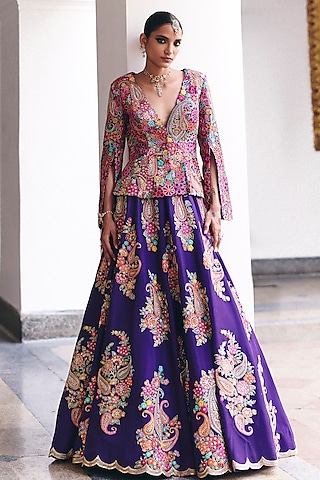 Purple Pure Silk Resham & Zardosi Hand Embroidered Jacket Lehenga Set by Mrunalini Rao