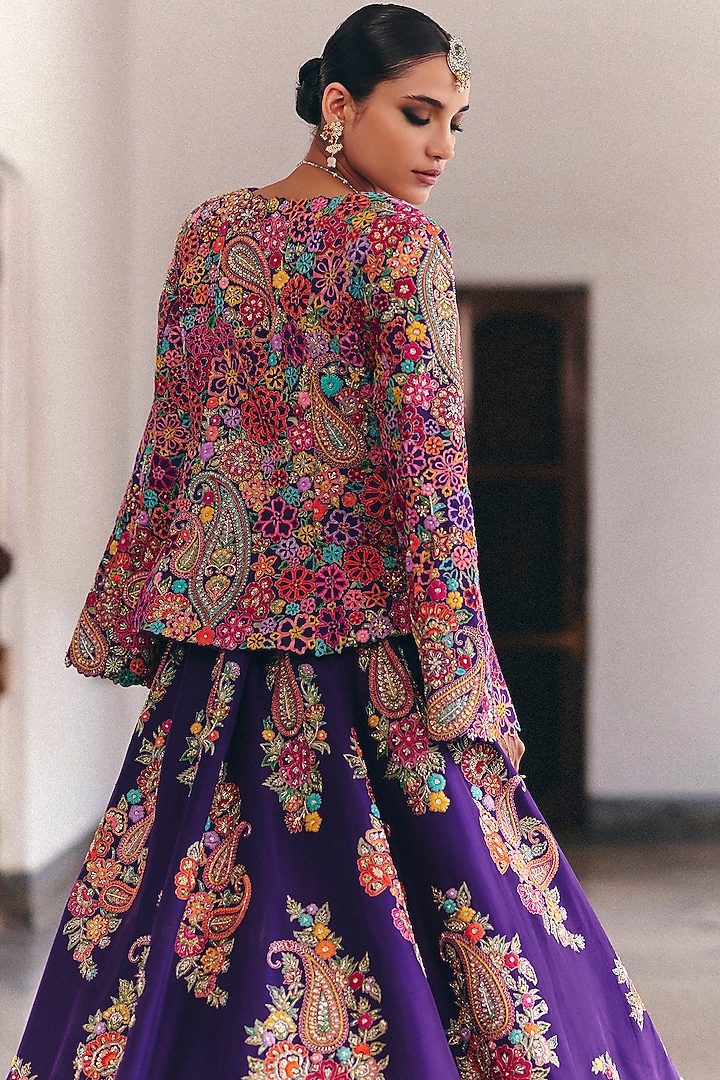 Purple Pure Silk Resham & Zardosi Hand Embroidered Jacket Bridal Lehenga Set by Mrunalini Rao at Pernia's Pop Up Shop