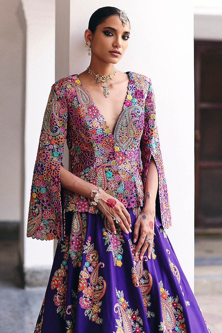 Purple Pure Silk Resham & Zardosi Hand Embroidered Jacket Bridal Lehenga Set by Mrunalini Rao at Pernia's Pop Up Shop