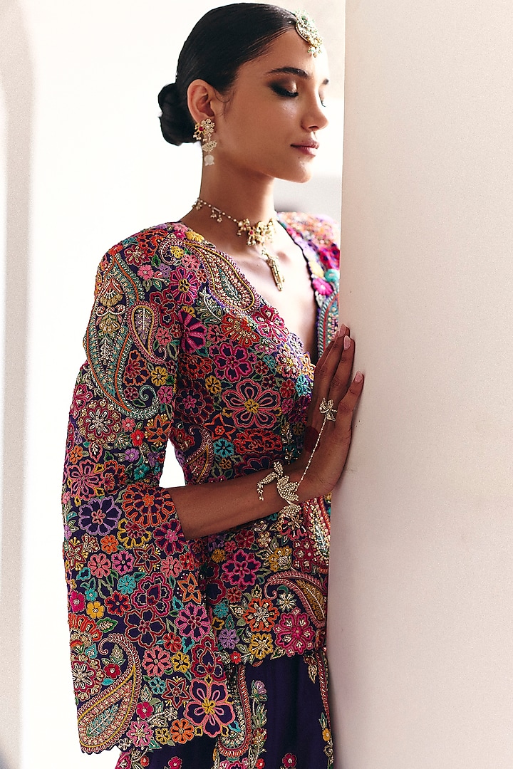 Purple Pure Silk Resham & Zardosi Hand Embroidered Jacket Bridal Lehenga Set by Mrunalini Rao at Pernia's Pop Up Shop