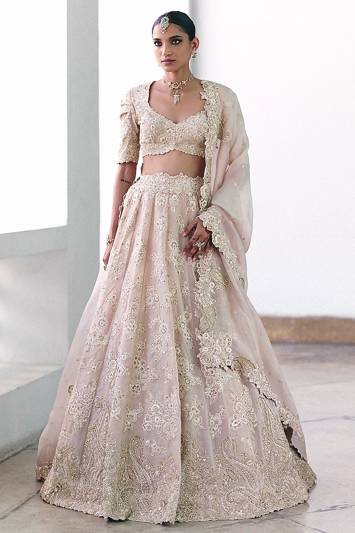 Ivory Pure Silk Resham & Zardosi Hand Embroidered Bridal Lehenga Set by Mrunalini Rao at Pernia's Pop Up Shop