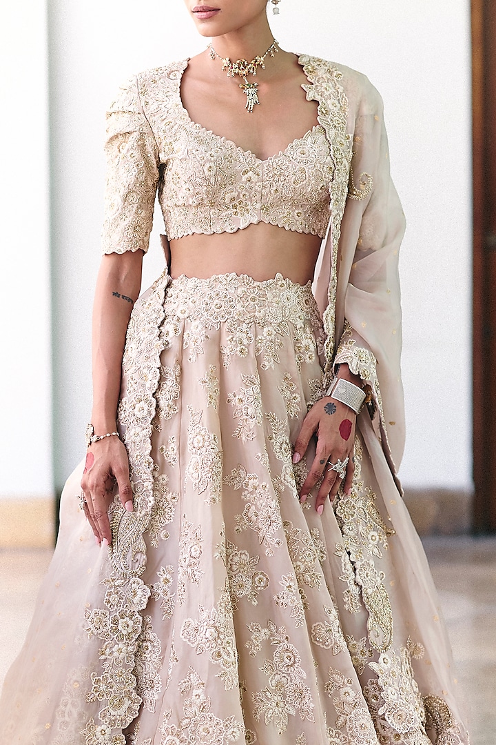 Ivory Pure Silk Resham & Zardosi Hand Embroidered Bridal Lehenga Set by Mrunalini Rao at Pernia's Pop Up Shop