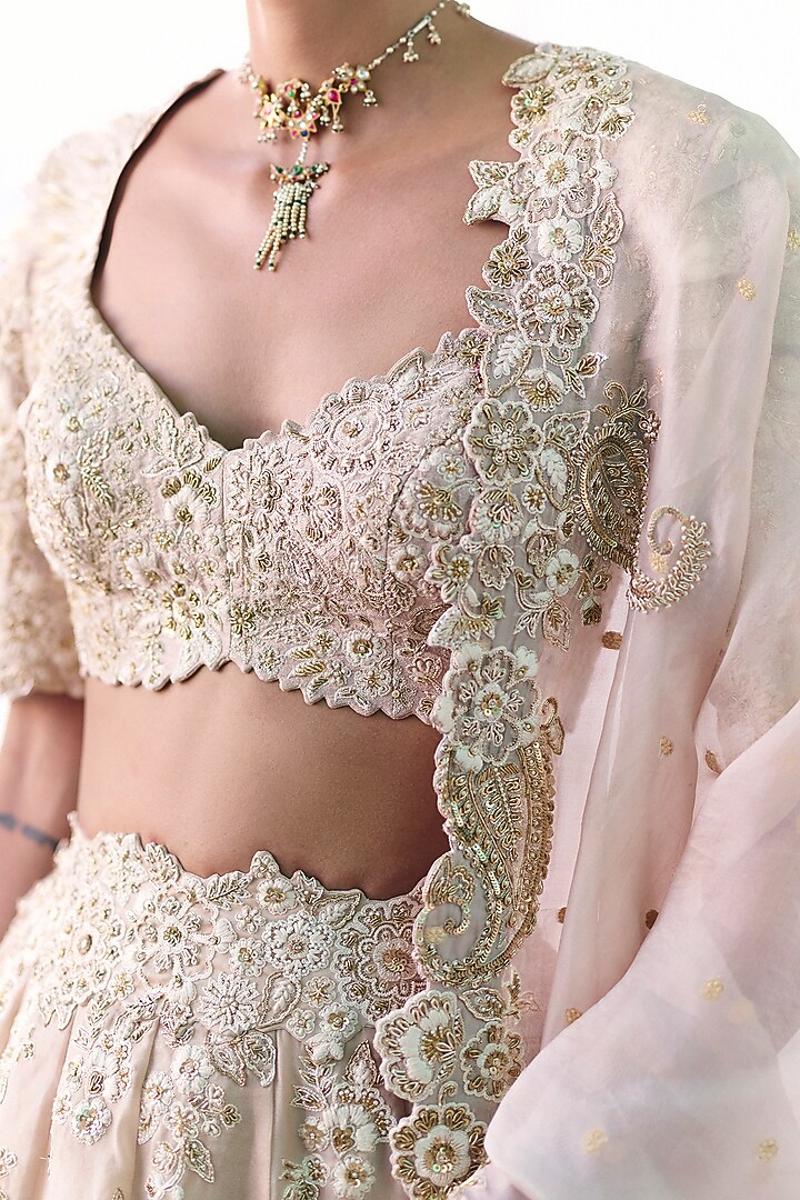 Ivory Pure Silk Resham & Zardosi Hand Embroidered Bridal Lehenga Set by Mrunalini Rao at Pernia's Pop Up Shop