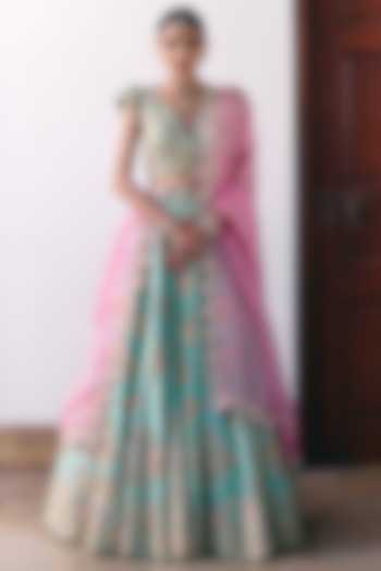 Mint Green Pure Silk Pearl & Zardosi Hand Embroidered Bridal lehenga for 22 Lehenga Set by Mrunalini Rao at Pernia's Pop Up Shop