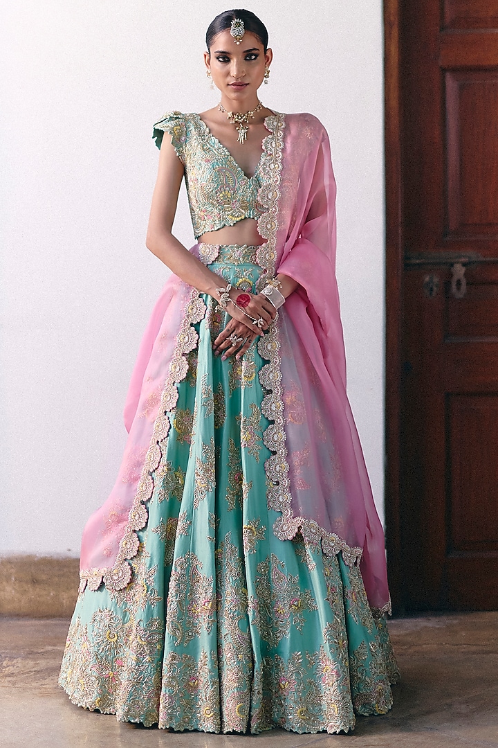 Mint Green Pure Silk Pearl & Zardosi Hand Embroidered Bridal lehenga for 22 Lehenga Set by Mrunalini Rao at Pernia's Pop Up Shop