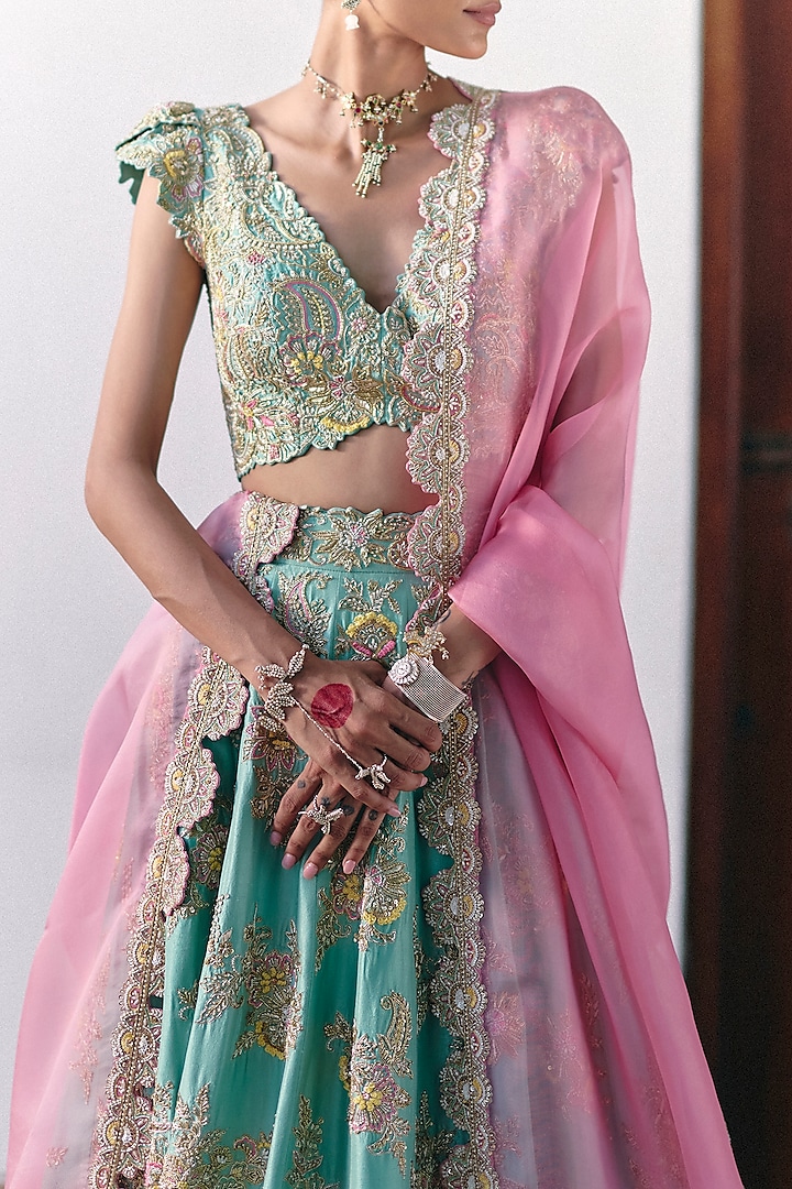 Mint Green Pure Silk Pearl & Zardosi Hand Embroidered Bridal Lehenga Set by Mrunalini Rao at Pernia's Pop Up Shop