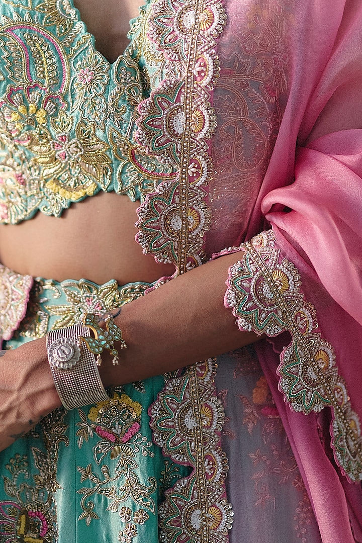 Mint Green Pure Silk Pearl & Zardosi Hand Embroidered Bridal Lehenga Set by Mrunalini Rao at Pernia's Pop Up Shop