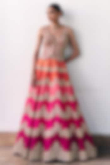 Orange & Pink Raw Silk Zardosi Embroidered Bridal Lehenga Set by Mrunalini Rao at Pernia's Pop Up Shop