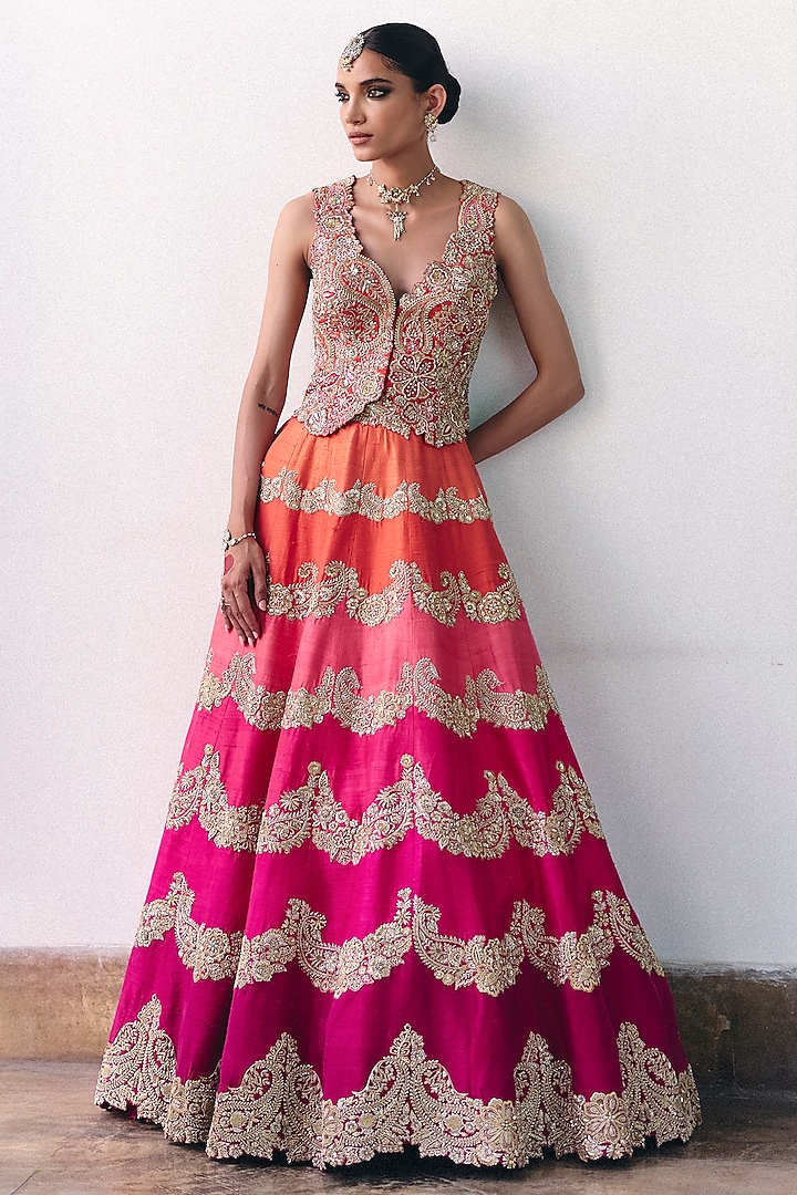 Orange & Pink Raw Silk Zardosi Embroidered Bridal Lehenga Set by Mrunalini Rao at Pernia's Pop Up Shop