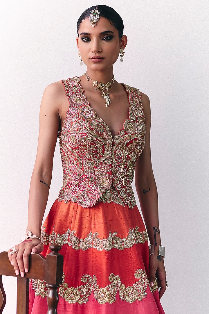 Orange & Pink Raw Silk Zardosi Embroidered Bridal Lehenga Set by Mrunalini Rao at Pernia's Pop Up Shop