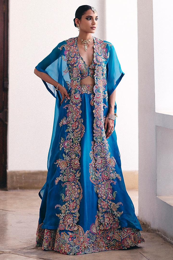Anand Blue Pure Silk Zardosi Embroidered Bridal Lehenga Set by Mrunalini Rao at Pernia's Pop Up Shop