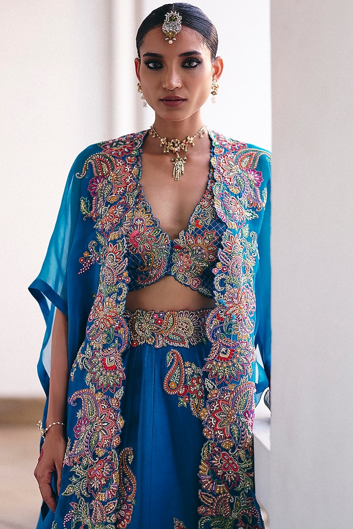 Anand Blue Pure Silk Zardosi Embroidered Bridal Lehenga Set by Mrunalini Rao at Pernia's Pop Up Shop