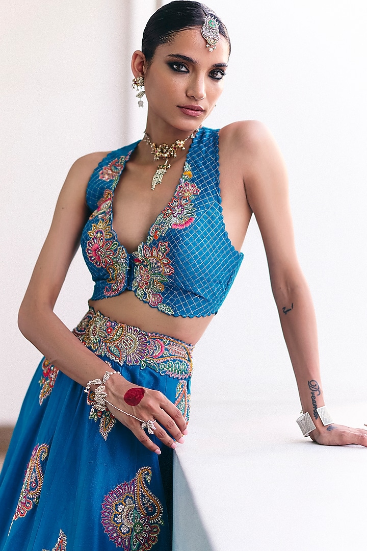 Anand Blue Pure Silk Zardosi Embroidered Bridal Lehenga Set by Mrunalini Rao at Pernia's Pop Up Shop