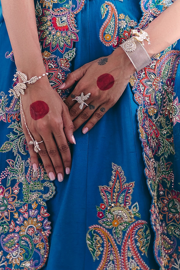 Anand Blue Pure Silk Zardosi Embroidered Bridal Lehenga Set by Mrunalini Rao at Pernia's Pop Up Shop