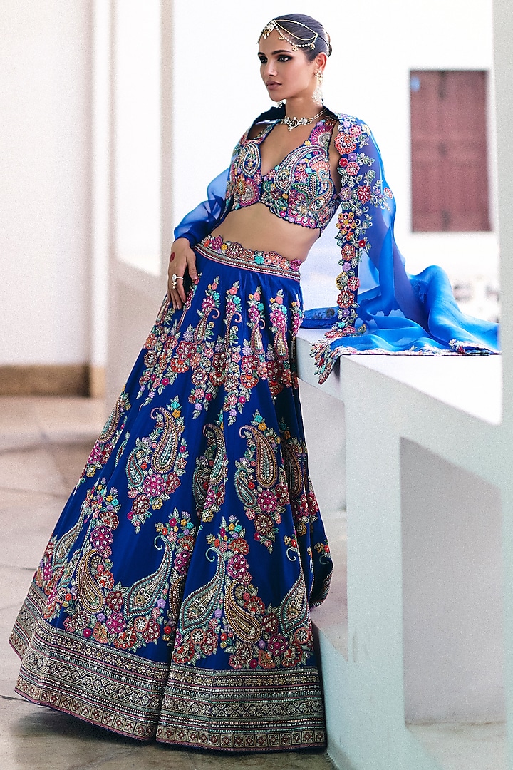 Royal Blue Pure Silk Pearl & Zardosi Embroidered Bridal Lehenga Set by Mrunalini Rao at Pernia's Pop Up Shop