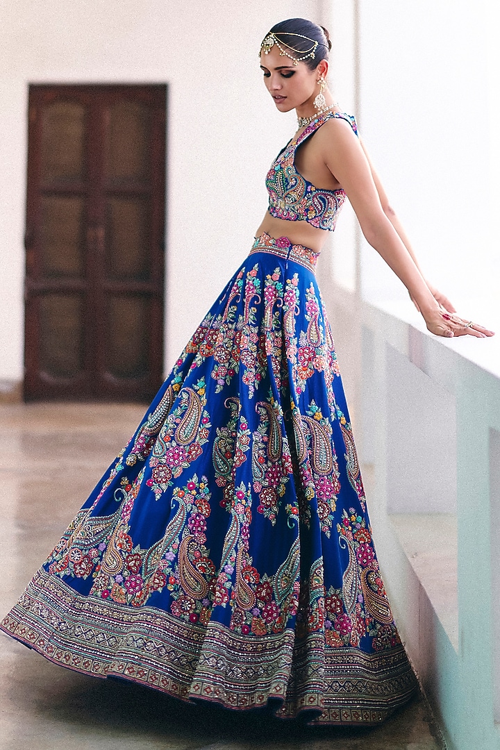 Royal Blue Pure Silk Pearl & Zardosi Embroidered Bridal Lehenga Set by Mrunalini Rao at Pernia's Pop Up Shop