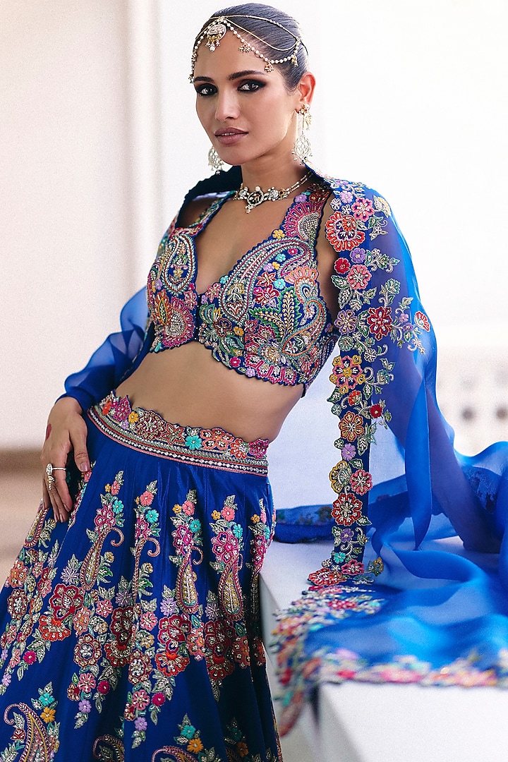 Royal Blue Pure Silk Pearl & Zardosi Embroidered Bridal Lehenga Set by Mrunalini Rao at Pernia's Pop Up Shop