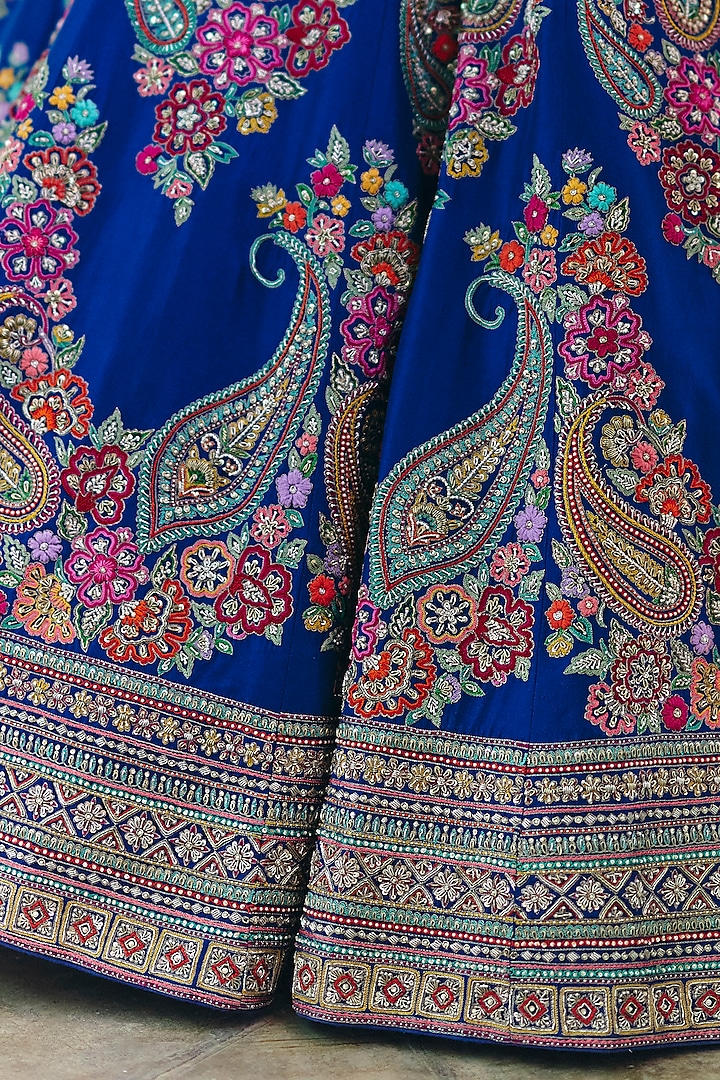 Royal Blue Pure Silk Pearl & Zardosi Embroidered Bridal Lehenga Set by Mrunalini Rao at Pernia's Pop Up Shop
