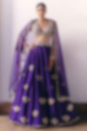 Purple Pure Silk Resham & Zardosi Embroidered Lehenga Set by Mrunalini Rao