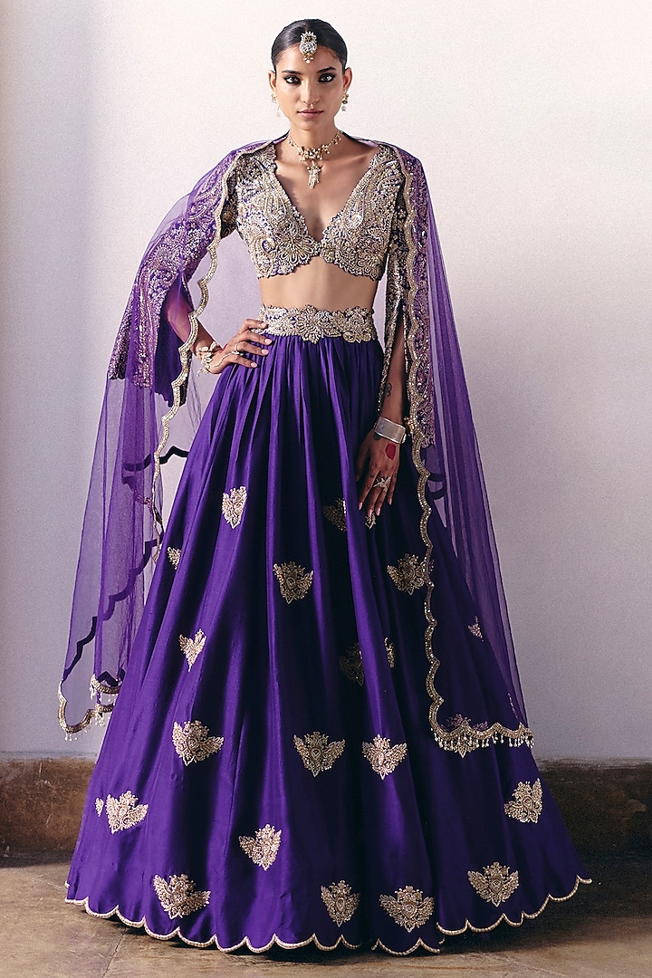 Purple Pure Silk Resham & Zardosi Embroidered Lehenga Set by Mrunalini Rao