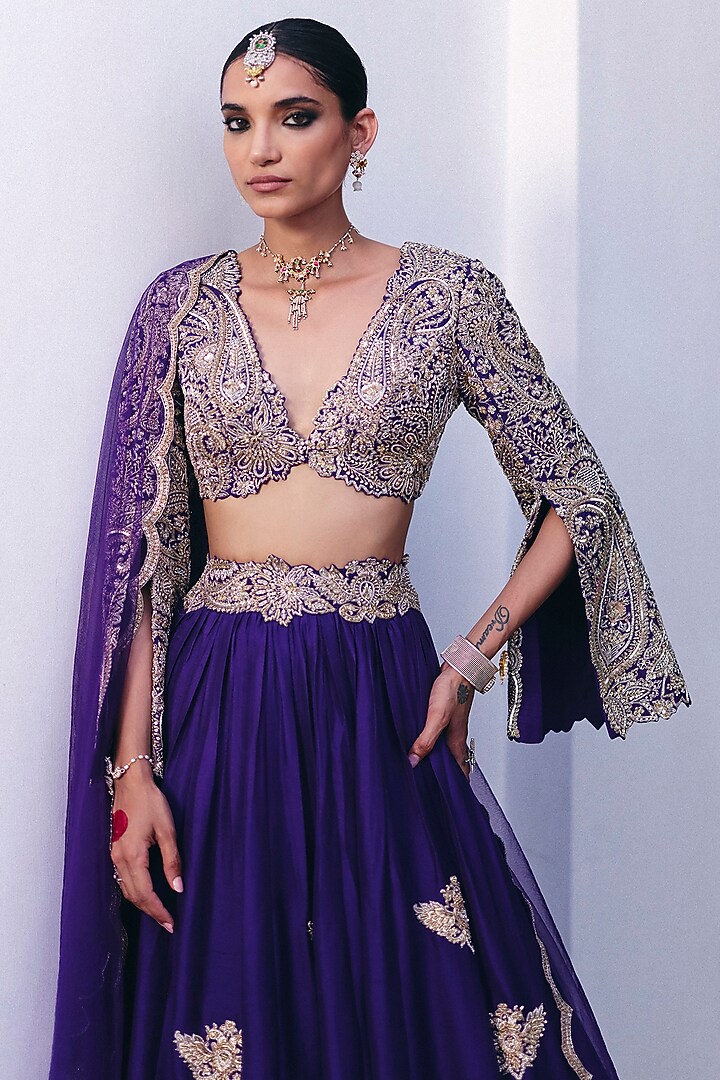 Purple Pure Silk Resham & Zardosi Embroidered Bridal Lehenga Set by Mrunalini Rao at Pernia's Pop Up Shop