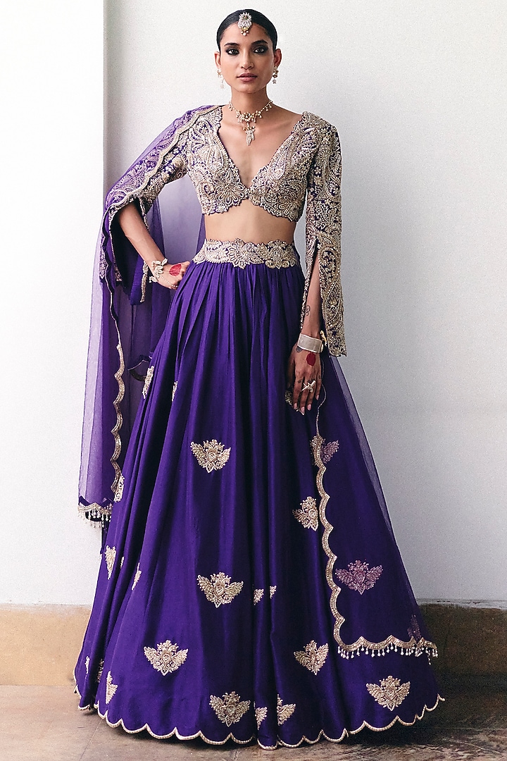 Purple Pure Silk Resham & Zardosi Embroidered Bridal Lehenga Set by Mrunalini Rao at Pernia's Pop Up Shop
