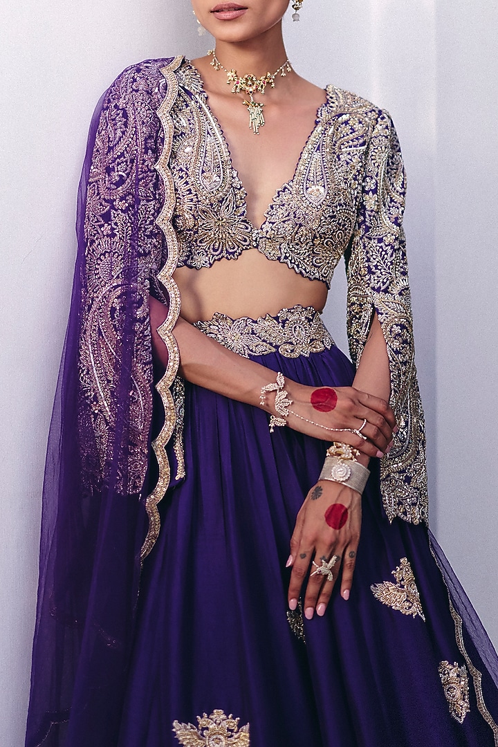 Purple Pure Silk Resham & Zardosi Embroidered Bridal Lehenga Set by Mrunalini Rao at Pernia's Pop Up Shop