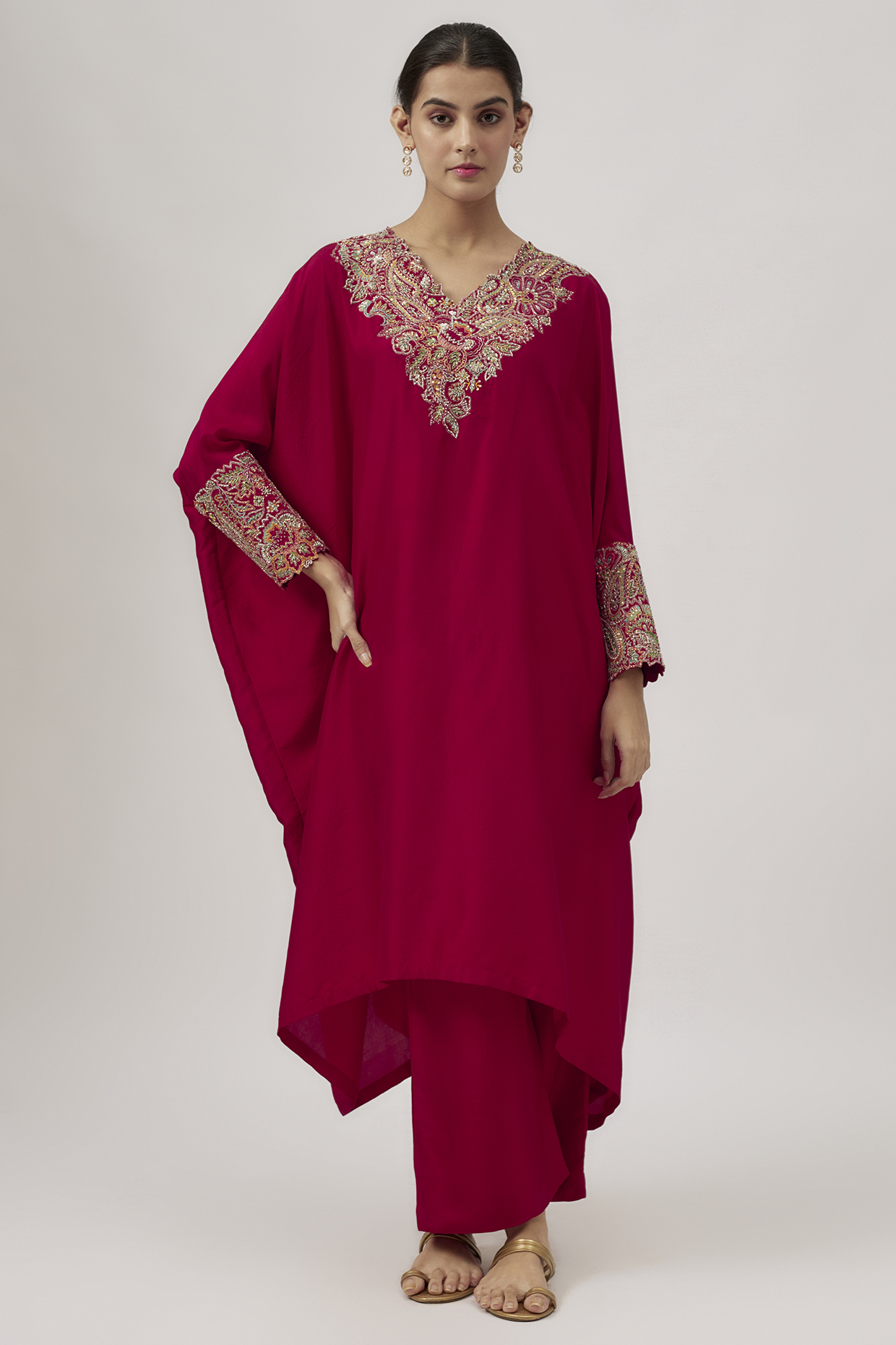 Red Silk Zardosi Embroidered Kaftan Set by Mrunalini Rao at Pernia's Pop Up Shop