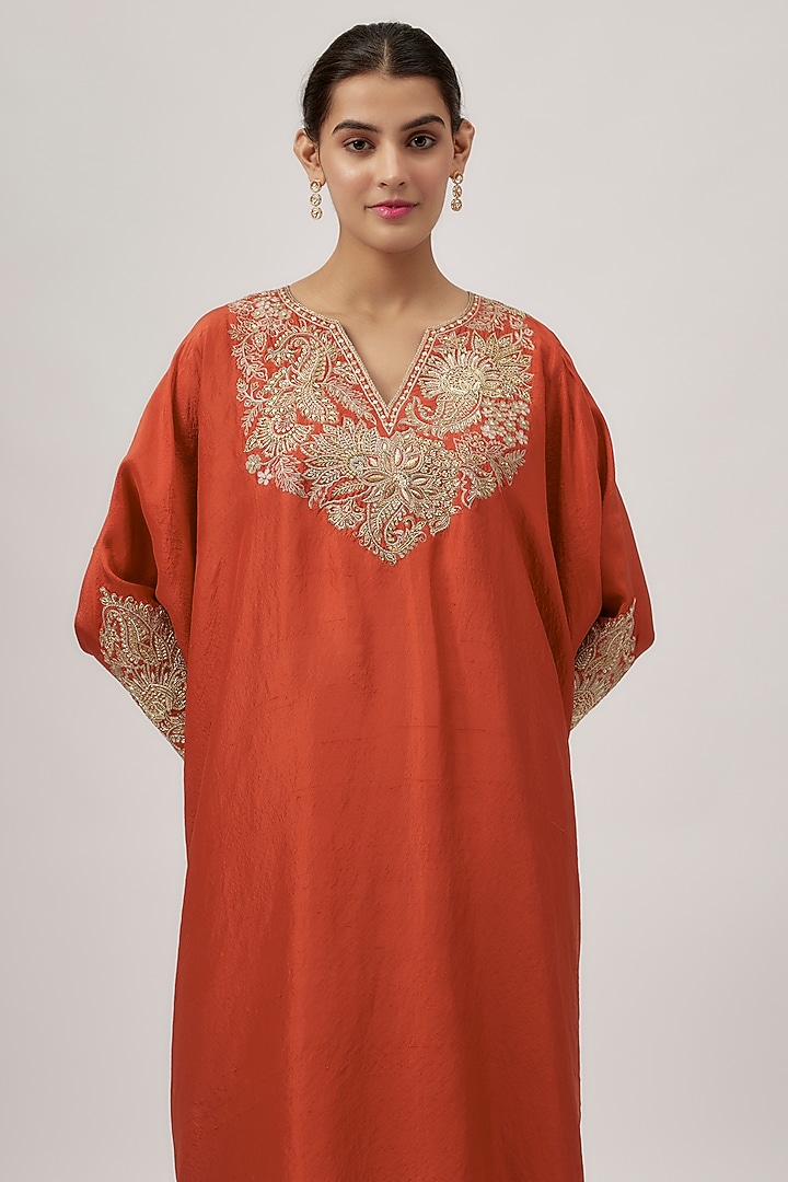 Orange Pure Silk Zardosi Embroidered Kurta Set by Mrunalini Rao at Pernia's Pop Up Shop