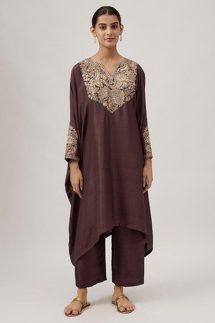 Brown Pure Silk Zardosi Embroidered Kurta Set by Mrunalini Rao at Pernia's Pop Up Shop