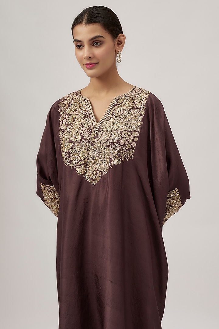 Brown Pure Silk Zardosi Embroidered Kurta Set by Mrunalini Rao at Pernia's Pop Up Shop