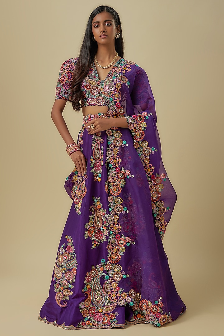 Purple Pure Silk Zardosi Hand Embroidered Bridal Lehenga Set by Mrunalini Rao at Pernia's Pop Up Shop