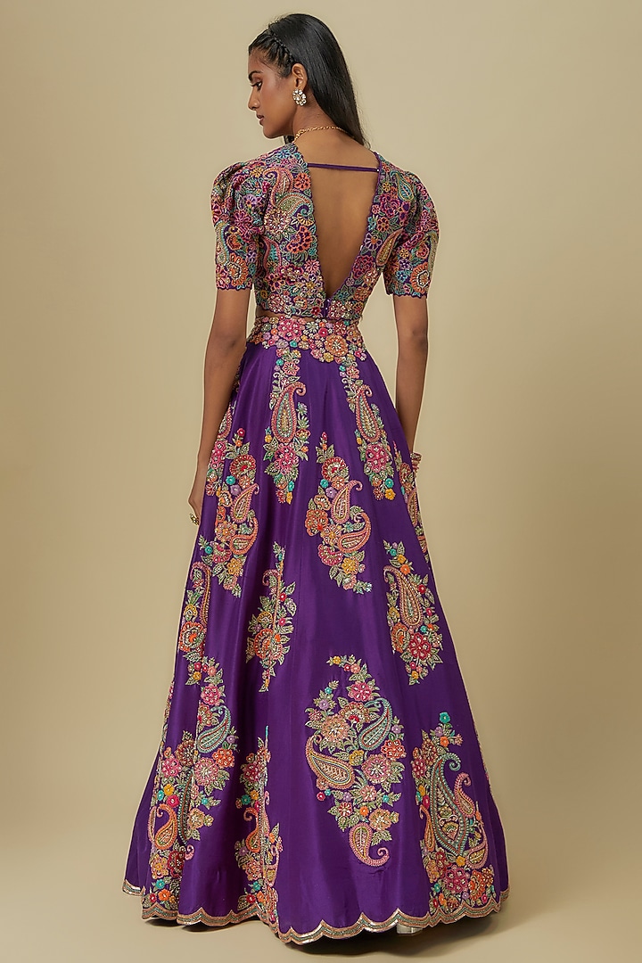 Purple Pure Silk Zardosi Hand Embroidered Bridal Lehenga Set by Mrunalini Rao at Pernia's Pop Up Shop