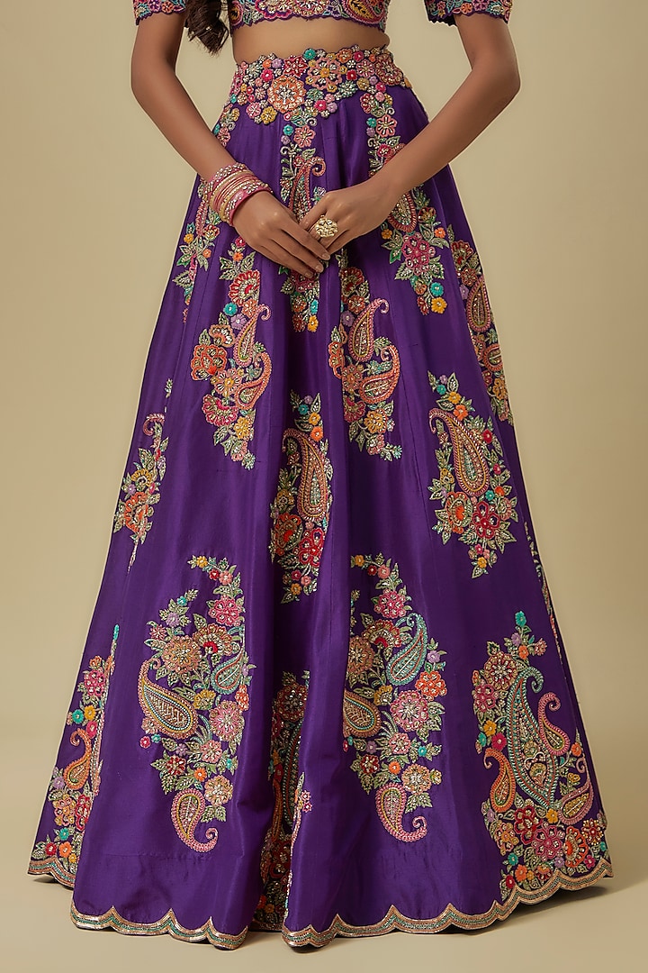 Purple Pure Silk Zardosi Hand Embroidered Bridal Lehenga Set by Mrunalini Rao at Pernia's Pop Up Shop