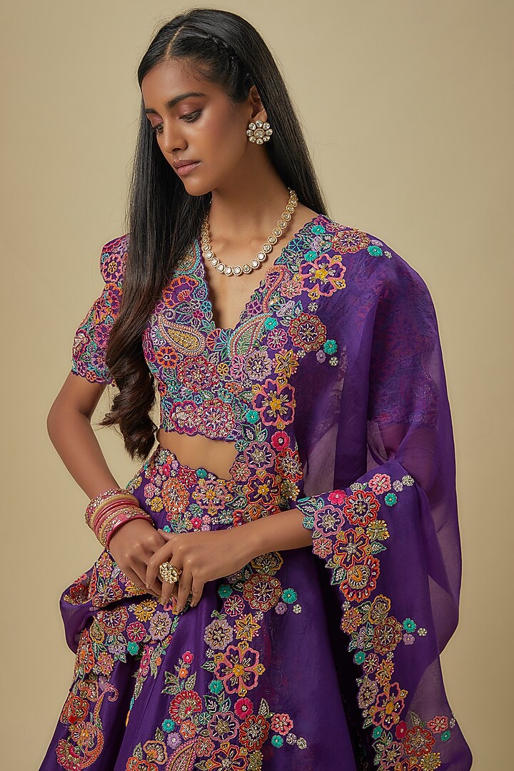 Purple Pure Silk Zardosi Hand Embroidered Bridal Lehenga Set by Mrunalini Rao at Pernia's Pop Up Shop