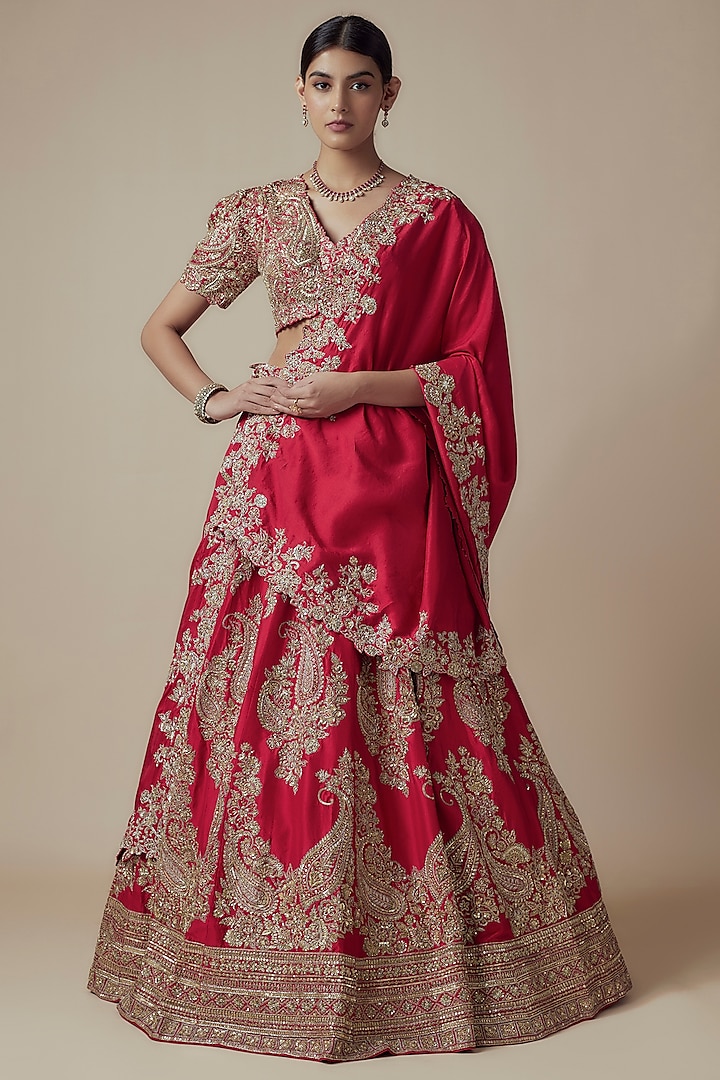 Red Pure Silk Zardosi Hand Embroidered Bridal Lehenga Set by Mrunalini Rao at Pernia's Pop Up Shop