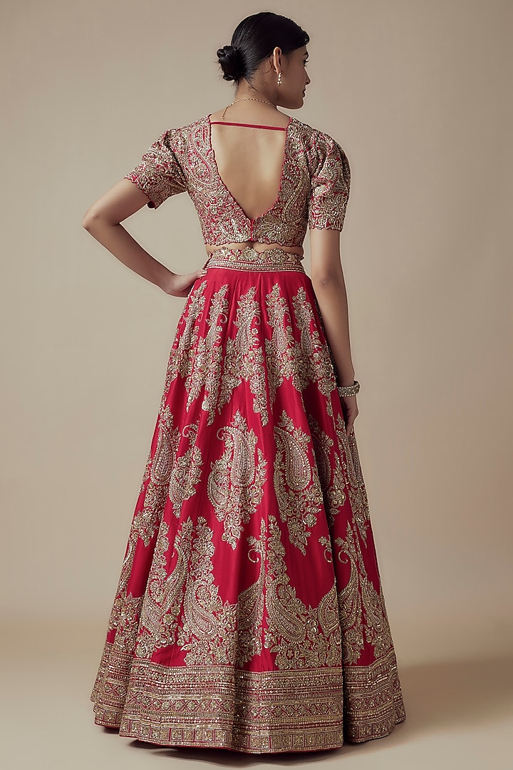 Red Pure Silk Zardosi Hand Embroidered Bridal Lehenga Set by Mrunalini Rao at Pernia's Pop Up Shop