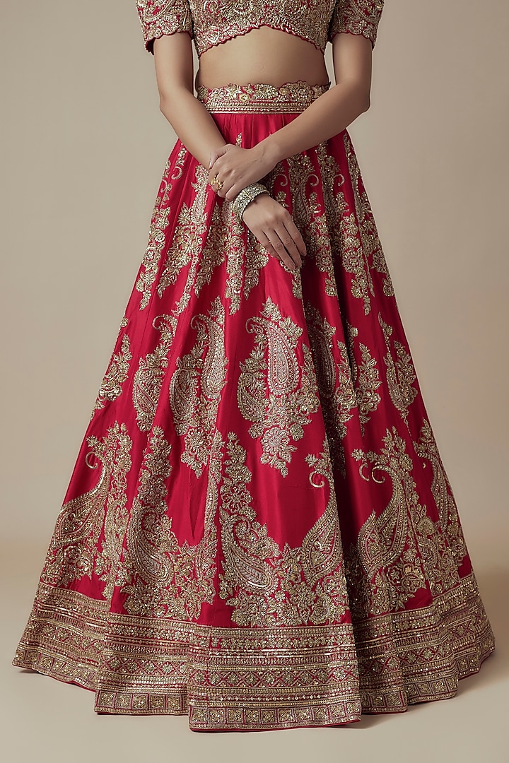Red Pure Silk Zardosi Hand Embroidered Bridal Lehenga Set by Mrunalini Rao at Pernia's Pop Up Shop
