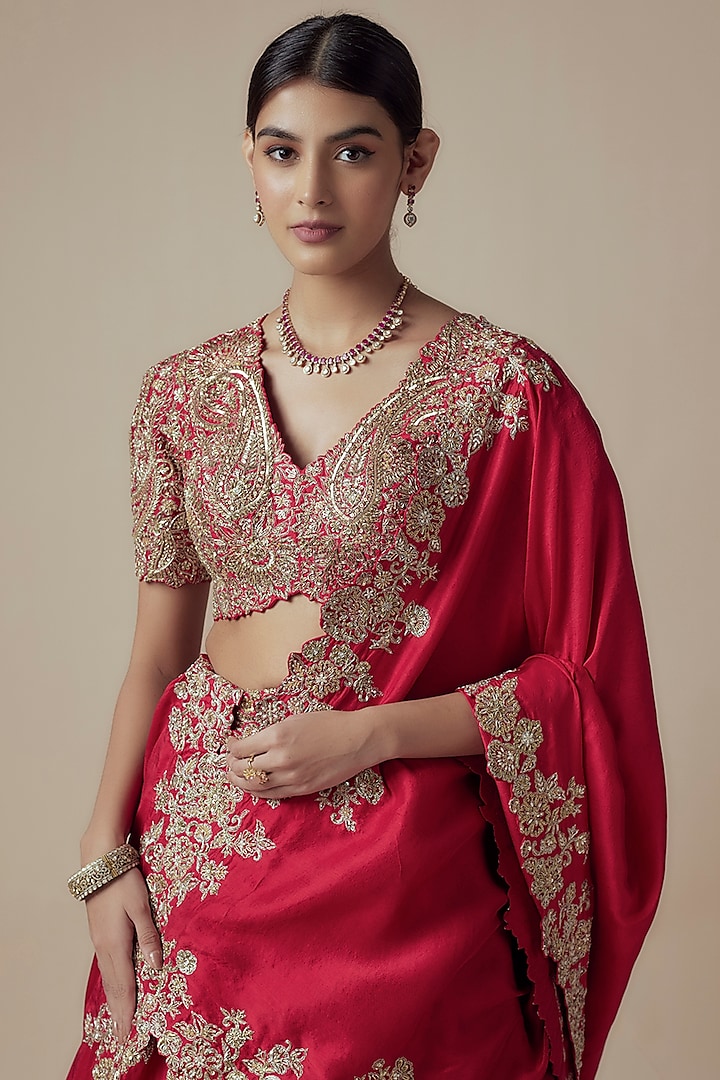 Red Pure Silk Zardosi Hand Embroidered Bridal Lehenga Set by Mrunalini Rao at Pernia's Pop Up Shop