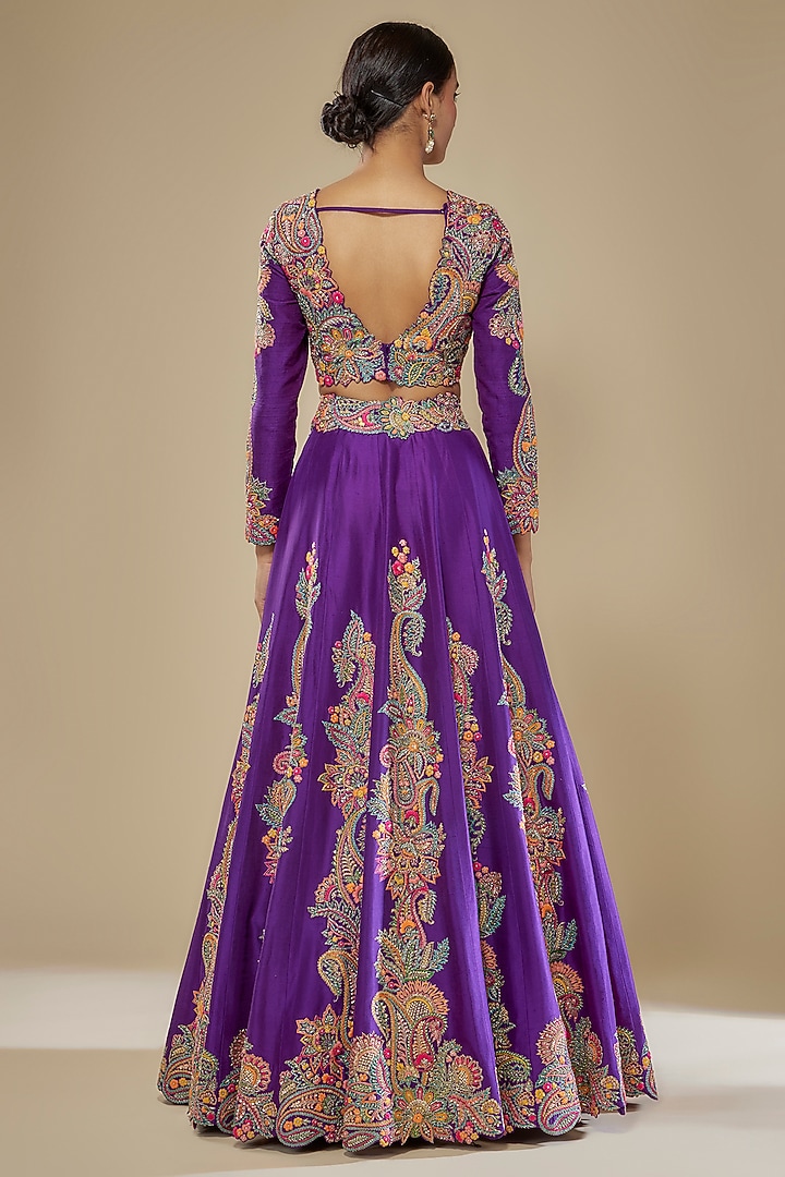 Purple Pure Silk Zardosi & Pearl Hand Embroidered Bridal Lehenga Set by Mrunalini Rao at Pernia's Pop Up Shop
