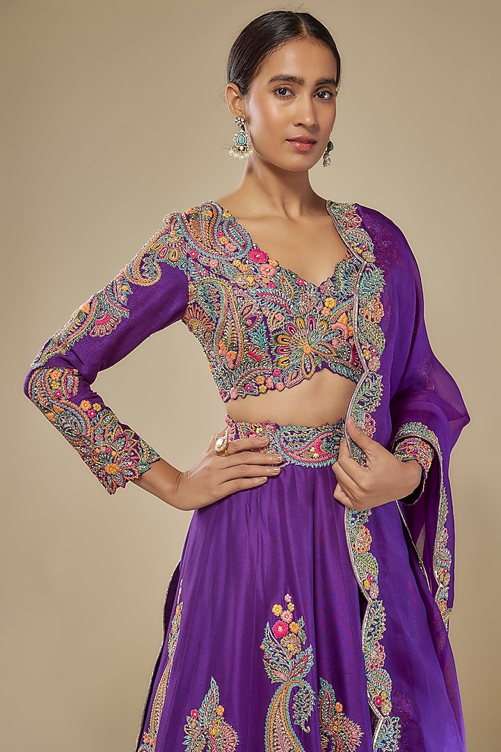 Purple Pure Silk Zardosi & Pearl Hand Embroidered Bridal Lehenga Set by Mrunalini Rao at Pernia's Pop Up Shop