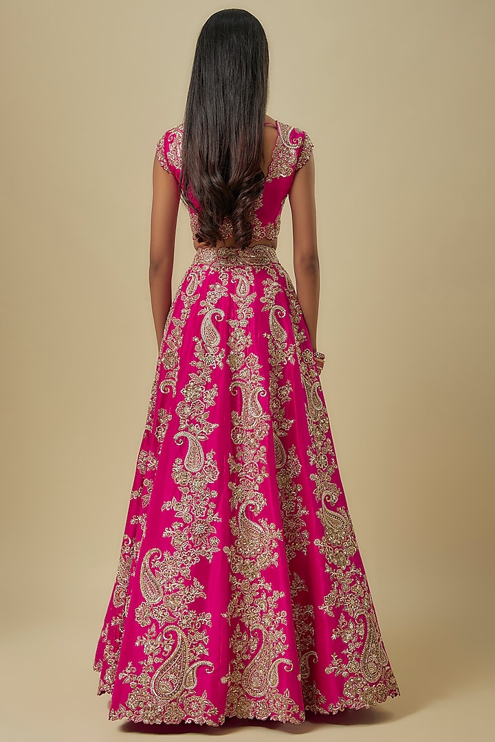 Hot Pink Pure Silk Hand Embroidered Bridal Lehenga Set by Mrunalini Rao at Pernia's Pop Up Shop