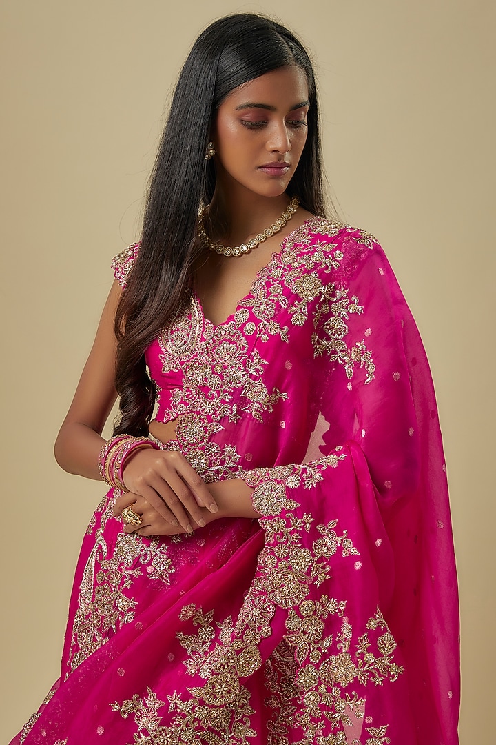 Hot Pink Pure Silk Hand Embroidered Bridal Lehenga Set by Mrunalini Rao at Pernia's Pop Up Shop