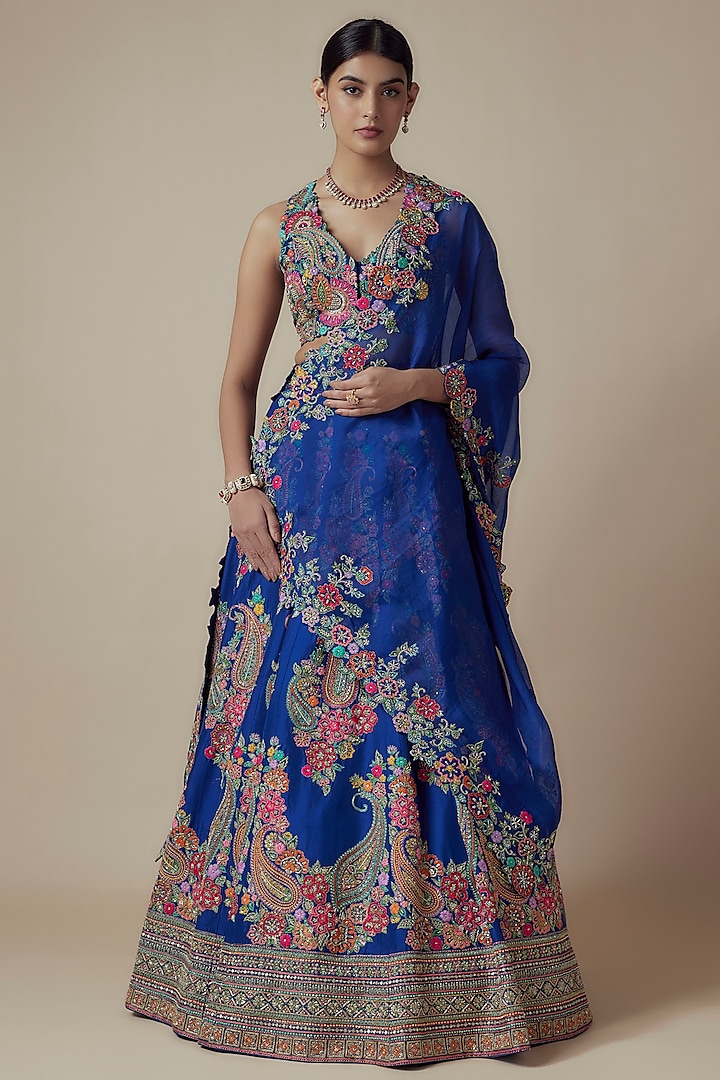 Royal Blue Pure Silk Zardosi & Pearl Embroidered Bridal Lehenga Set by Mrunalini Rao at Pernia's Pop Up Shop