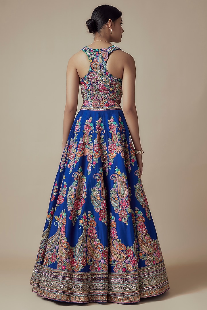 Royal Blue Pure Silk Zardosi & Pearl Embroidered Bridal Lehenga Set by Mrunalini Rao at Pernia's Pop Up Shop