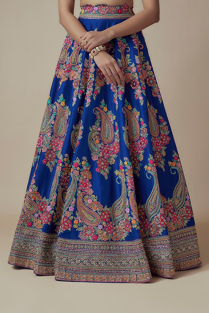 Royal Blue Pure Silk Zardosi & Pearl Embroidered Bridal Lehenga Set by Mrunalini Rao at Pernia's Pop Up Shop