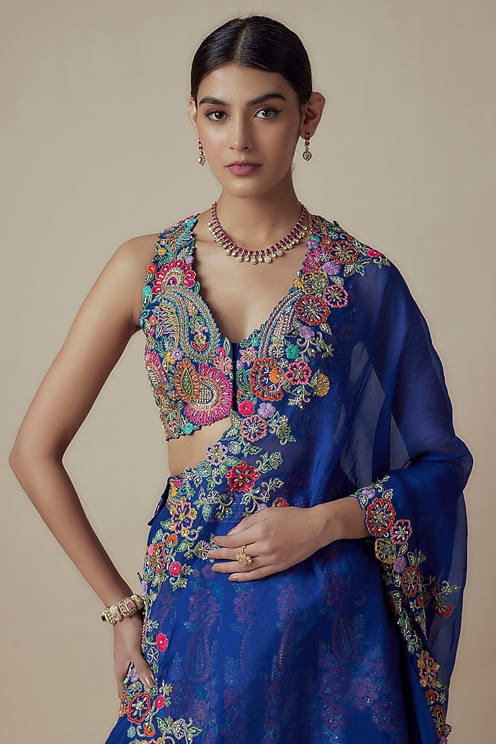 Royal Blue Pure Silk Zardosi & Pearl Embroidered Bridal Lehenga Set by Mrunalini Rao at Pernia's Pop Up Shop