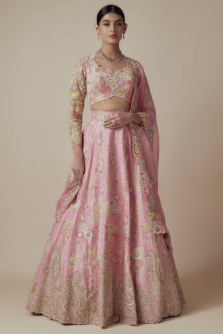 Baby Pink Pure Silk Zardosi & Pearl Embroidered Bridal Lehenga Set by Mrunalini Rao at Pernia's Pop Up Shop